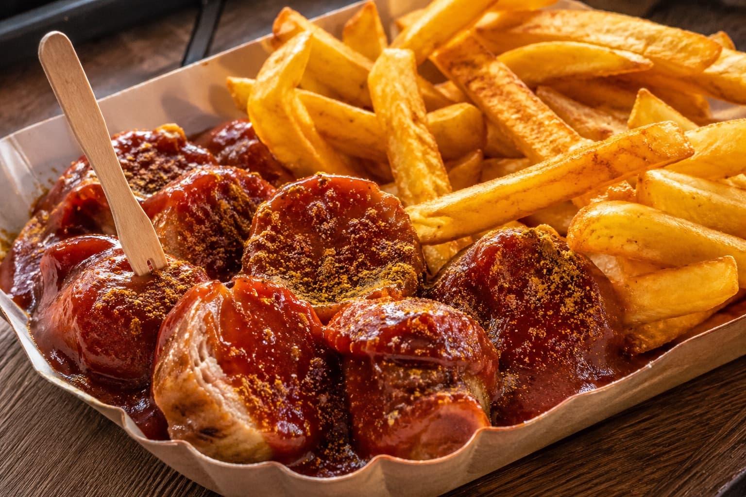 Currywurst mit Pommes aus der Küche der Lightning Sportsbar Lüdinghausen